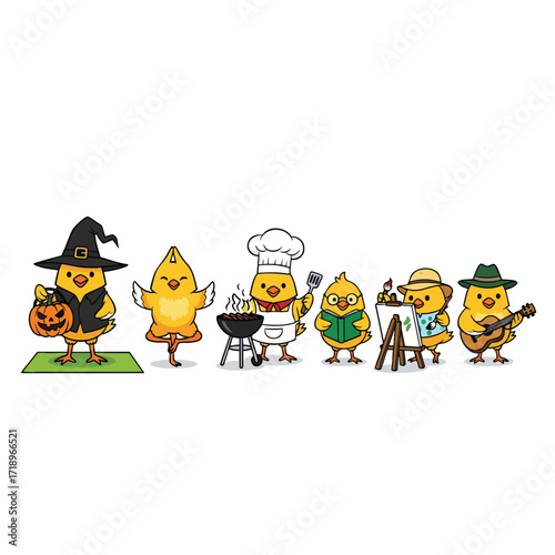 Set of six cute cartoon chicks dressed in various costumes for different holidays and hobbies.