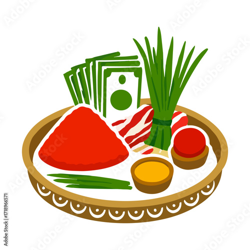 Tika Tray for Dashain Festival, with Rice, Vermillion, and Money