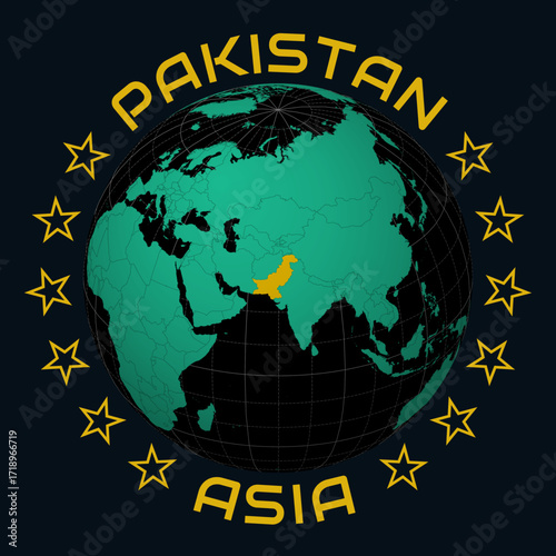 Islamic Republic of Pakistan on Globe. Round country and continent name text. Country view on world map in Black Emerald color palette. Pakistan shape on map. Artistic vector illustration.