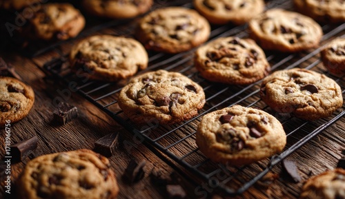 Freshly baked chocolate chip cookies on a wire rack, scattered chocolate pieces on a wooden table