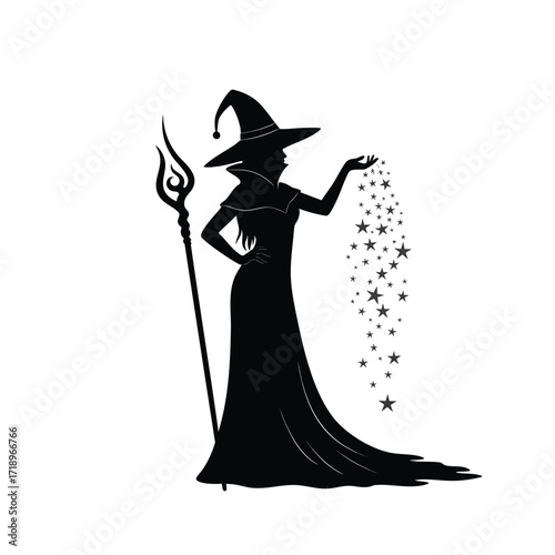 Silhouette of a beautiful witch in a pointed hat casting a star spell with a magic staff.