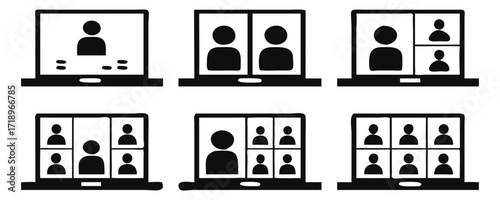 Video conference icon set, Digital communication symbol, People on laptop screen, Internet learning media business concept, vector illustration