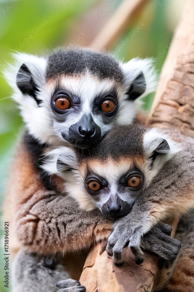 Fototapeta premium Ring-tailed lemur mother and baby hugging on branch