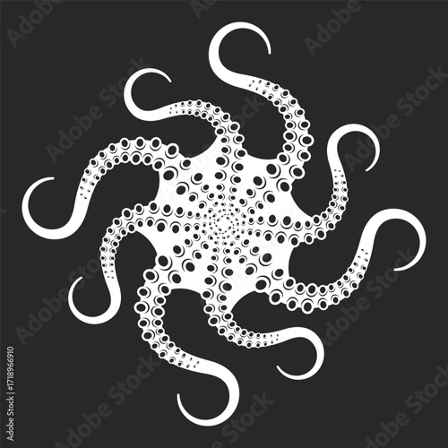 Abstract spiraling octopus tentacles bottom view illustration in black and white logo, mysterious marine creature design with symmetrical pattern, fantasy inspiration, nautical symbol, surreal tattoo.