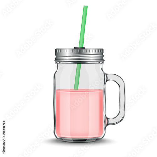 Glass mason jar with metal lid and green straw filled pink strawberry smoothie isolated on white background vector 3d blank mockup, realistic transparent beverage mug for juice, milkshake, cocktail.