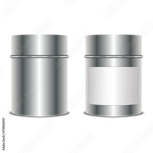Realistic metallic tin can mockup 3d vector with glossy steel texture and blank white label, isolated packaging template for tea, coffee, powder, herbs, cosmetics or food branding design presentation.