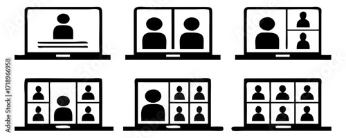 Video conference icon set, Digital communication symbol, People on laptop screen, Internet learning media business concept, vector illustration