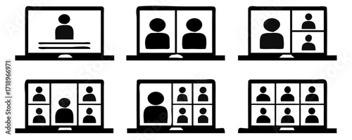Video conference icon set, Digital communication symbol, People on laptop screen, Internet learning media business concept, vector illustration