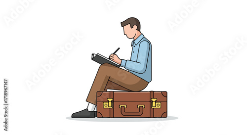 Man sketching while seated atop vintage luggage capturing travel inspiration with artistic flair creating timeless memories on paper, journey