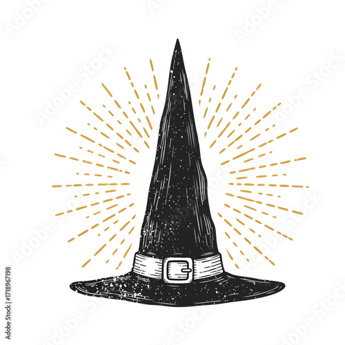 Vintage handdrawn black witch hat with a buckled band and radiating light rays.