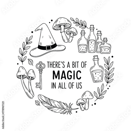 Witchcraftthemed line art illustration with a hat potions mushrooms and an inspirational magic quote.