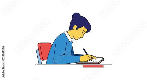 Focused Student Concentrating on Writing Notes, Capturing an Illustration of a Young Person Engaged in Academic Activities
