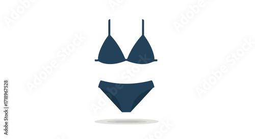 Simple graphic illustration of a dark blue two-piece bikini swimsuit ideal for summer vacation and beach-related designs