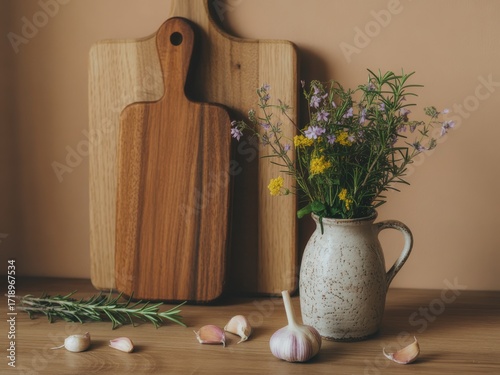 Rustic Kitchen Still Life with Garlic, Rosemary, and Wildflowers