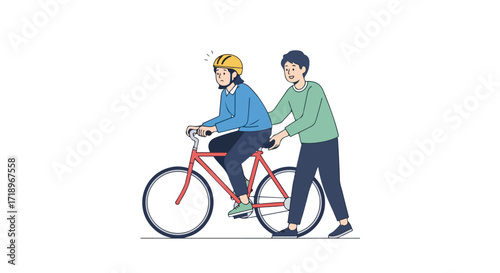 Illustration of a man teaching a woman how to ride a bicycle with encouraging support and concern from the rider while practicing