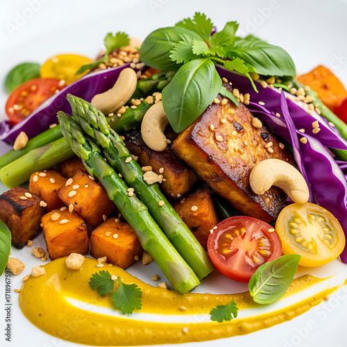 A vibrant vegan dish featuring tofu, asparagus, sweet potato, red cabbage, tomato, cashew, and basil, a culinary masterpiece for a healthy and flavorful meal