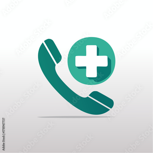 A teal-colored telephone receiver icon with a white plus sign inside a teal circle, symbolizing emergency services or medical assistance.