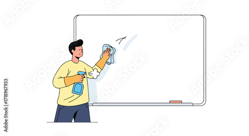 Cartoon illustration depicting a person cleaning a whiteboard with spray and cloth in an office setting portraying hygiene and maintenance tasks