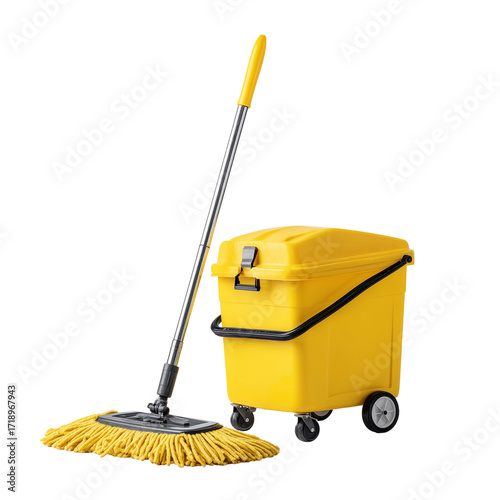 Yellow cleaning mop and bucket with wheels for efficient floor washing and sanitation isolated on transparent background