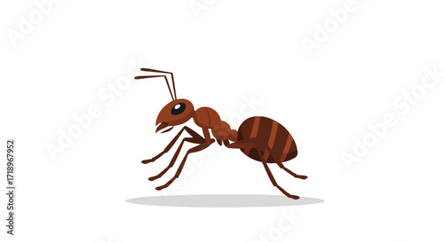 Illustrated cartoon ant scurrying quickly across a plain white surface in a purposeful manner showing detailed legs and body segments