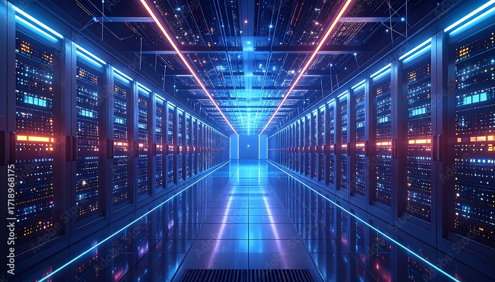 Obraz premium Rendered visualization of a data center hallway, featuring rows of servers with bright neon lights, showcasing a futuristic aesthetic