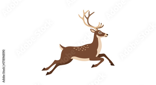 Elegant isolated cartoon of a spotted deer in mid-leap on a plain white background, suitable for various seasonal design projects