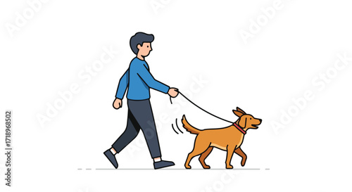 Illustrative depiction of a man in casual attire strolling alongside his contented canine companion on a leash during a sunny day