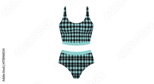 Stylish blue and black gingham bikini set perfect for summer beach days or poolside lounging offers a chic and modern aesthetic for swimwear