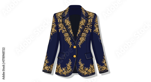 Intricate golden floral embroidery adorns a deep navy blazer, showcasing elegant bespoke craftsmanship and ornate embellishments for high fashion