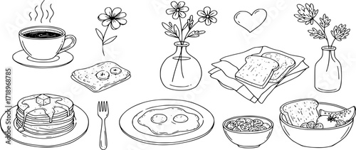 Hand drawn outline dining doodles. Breakfast food. Cup of coffee, flower in vase. Art for greeting cards, wedding invitations
