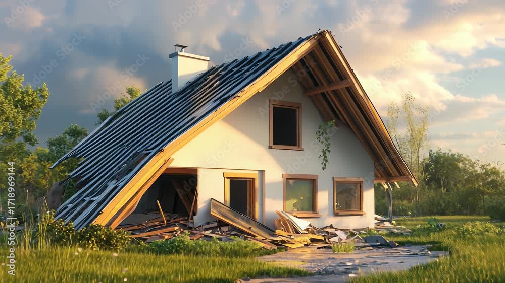 House Insurance Damage House Damaged by Storm, Roof Collapse and Debris Scattered, Insurance ...