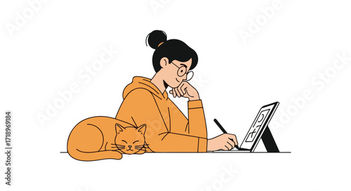 Digital artist at work alongside her sleeping feline companion in cozy home environment, creating art