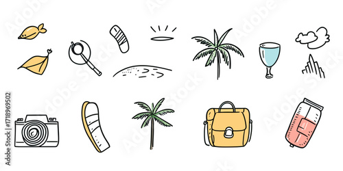 Hand drawn travel icons set including camera, travel bag, palm trees, beach, fish, glass, and thermos in minimalist flat vector style for vacation and tourism concepts