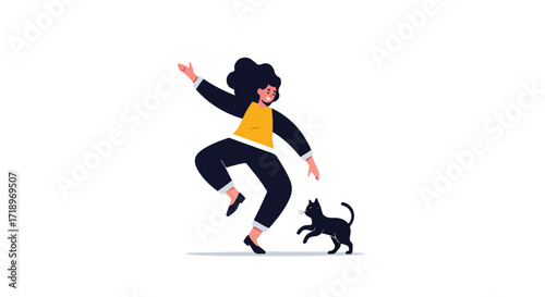 Whimsical illustration of a playful interaction with a sleek black cat on a white background in a minimalist flat style design