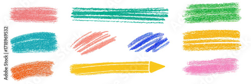 Colorful hand drawn crayon pencil strokes and yellow pencil illustration set with textured kid chalk style accents in flat minimalist vector design