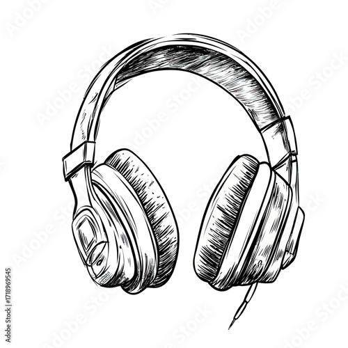 Hand drawn sketch of over ear headphones with cushioned ear pads and adjustable headband detailed with fine line art isolated on white background vector illustration