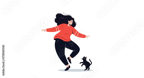 Captivating vector illustration showcasing a woman's joyous dance alongside her curious black cat in a minimalist style