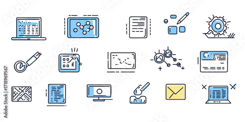 Hand drawn vector software development icons set including laptop coding interface, programming code editor, algorithm symbols, computer monitor, and digital tools in minimalist style