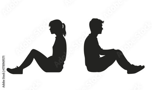 Silhouette of young man and woman sitting back to back flat minimalist vector isolated on white background representing conflict and separation concept illustration