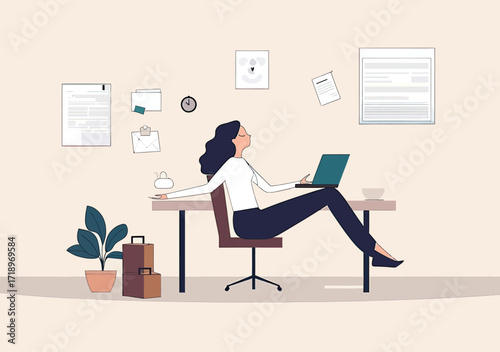 Calm business woman leaning back at office desk with laptop surrounded by floating documents and plant in minimalist workspace vector illustration
