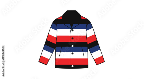 Striking red, white, and blue striped jacket illustration with clean, crisp lines and modern design evoking a sense of chic style, fashion and