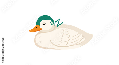 Tranquil cartoon duck taking a nap on a serene pond, ideal for children's stories and educational materials showcasing the importance of rest