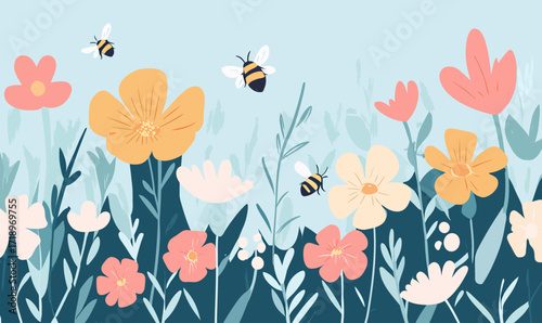 Colorful wildflowers in bloom with flying bees in whimsical flat minimalist vector garden landscape on light blue background illustration