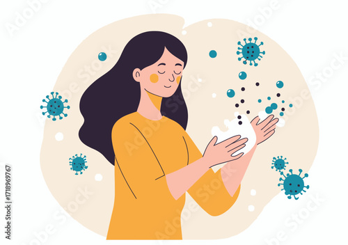 Woman washing hands with soap bubbles surrounded by virus particles in flat minimalist health hygiene illustration