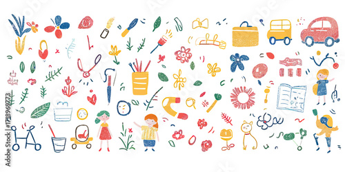 Colorful children doodle set with flowers, toys, school supplies, animals, and playful elements for preschool education and creative learning background vector illustration
