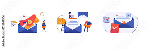 Flat minimalist vector illustration of people sending promotional emails with envelopes, messages, social media symbols, and marketing concepts for ecommerce business communication