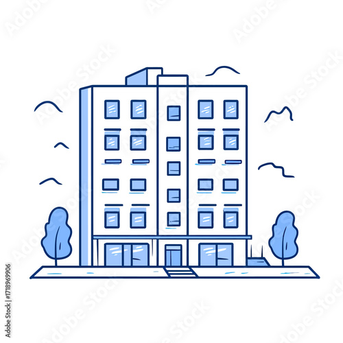 Hand drawn sketch of modern multi-story hotel building with windows entrance trees minimalist blue line art isolated on white background vector illustration for travel accommodation concept