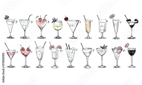 Hand drawn vector set of various cocktail drinks in glasses with garnishes and straws in minimalist sketch style for bar and restaurant menu design