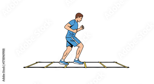 Athletic agility drill illustration featuring a sportsman practicing footwork on speed ladder for enhanced coordination and reflexes