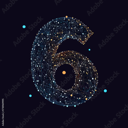 Futuristic wireframe number six with interconnected glowing nodes and planetary orbs on dark cosmic background digital vector design